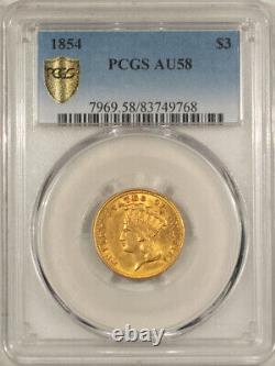 1854 $3 Three Dollar Gold Pcgs Au-58, Nearly Uncirculated! First Year Coin