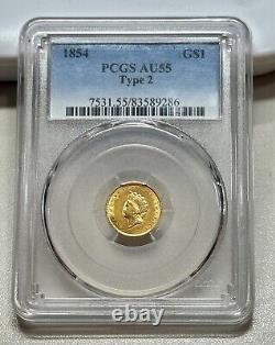 1854 Type 2 1$ Gold Piece Pcgs Au55