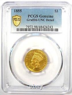 1855 Three Dollar Indian Gold Coin $3. Certified PCGS Uncirculated Detail UNC MS