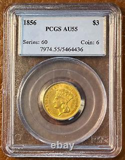 1856 $3 Indian Princess Gold Coin PCGS AU55 Three Dollar