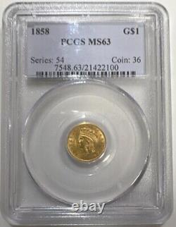 1858 Gold Princess Head $1 Dollar PCGS MS63 Coin