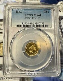 1862 $1 Gold Pcgs Ms61 Ddo Fs-101 Doubled Die Obverse. Very Rare
