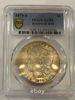 1879 s morgan silver dollar reverse of 1878 PCGS AU55 Appealing Gold Shield Tone