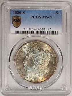 1880 S $1D Morgan Dollar PCGS MS67 Monster Rainbow Toned W Gold Shield