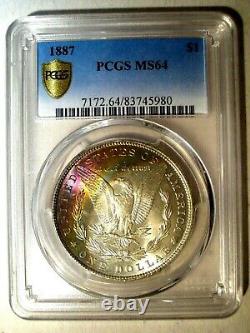 1887 PCGS MS64 GOLD Shield Silver MORGAN Dollar $1 Gorgeous RAINBOW