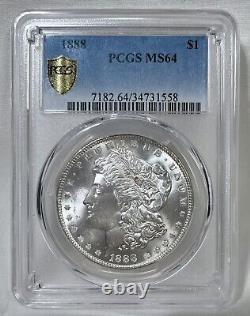 1888 PCGS Gold Shield MS64 Morgan Silver Dollar. Stunning Blast White Coin