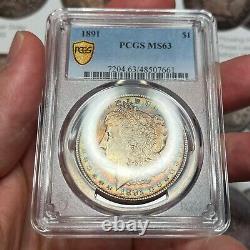 1891 $1 MS63 Toned Morgan Dollar PCGS Gold Shield Lovely Rainbow Toning