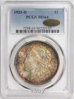 1921-D Gem BU PCGS MS64 CAC GOLD Label Morgan Silver Dollar Rainbow Toned
