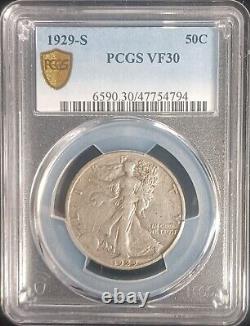 1929 S Walking Liberty 90% Silver Half Dollar. PCGS Gold VF30. SL0119