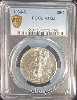 1934 S Walking Liberty 90% Silver Half Dollar. PCGS Gold AU53. SL0121