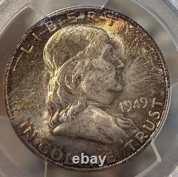 1949-D Franklin Half Dollar. PCGS MS 65. Gold Shield. Rainbow Toned