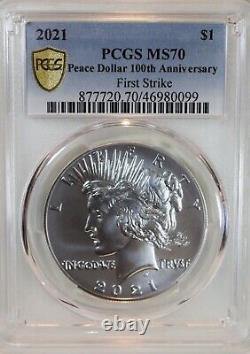 2021 P Peace Dollar PCGS MS70 First Strike, Gold Shield
