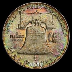 CAC Reverse Rainbow Toned 1957-D Franklin Half Dollar MS65FBL PCGS Gold Shield